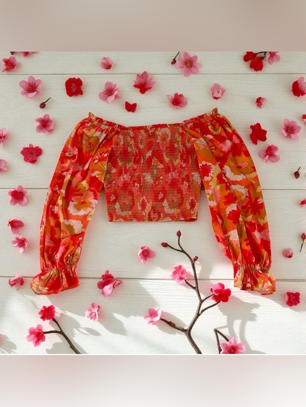 Pink Lily Smocked Floral Blouse Off the Shoulders Wide Sleeves w Elastic Sz XS